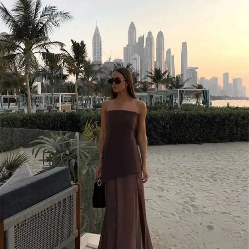 Load image into Gallery viewer, Elegant Strapless Sexy Maxi Dress For Women Gown With Scarf Off-shoulder Sleeveless Backless Split Beach Long Dress
