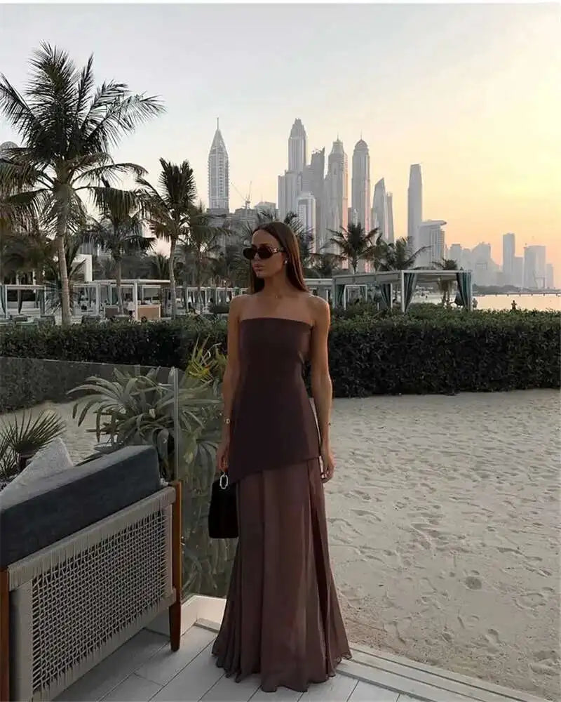 Elegant Strapless Sexy Maxi Dress For Women Gown With Scarf Off-shoulder Sleeveless Backless Split Beach Long Dress
