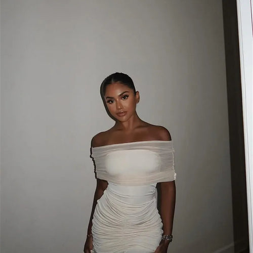 Load image into Gallery viewer, Mesh Strapless Off-shoulder Sexy Ruffled Mini Dress For Women Fashion Backless High Waist Female Ruched Party Dress
