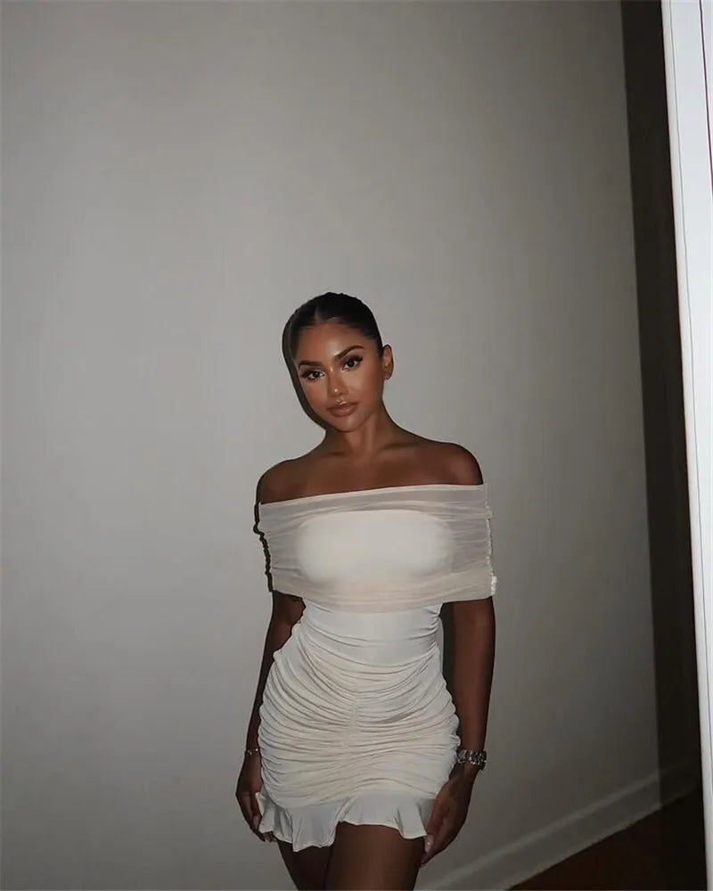 Mesh Strapless Off-shoulder Sexy Ruffled Mini Dress For Women Fashion Backless High Waist Female Ruched Party Dress