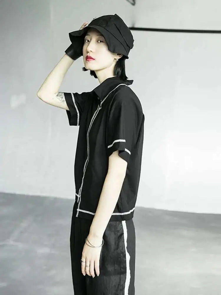 Women Black Line Stitch Irregular Big Size T-shirt New V-collar Short Sleeve  Fashion Tide  Spring Summer 2025 1X004