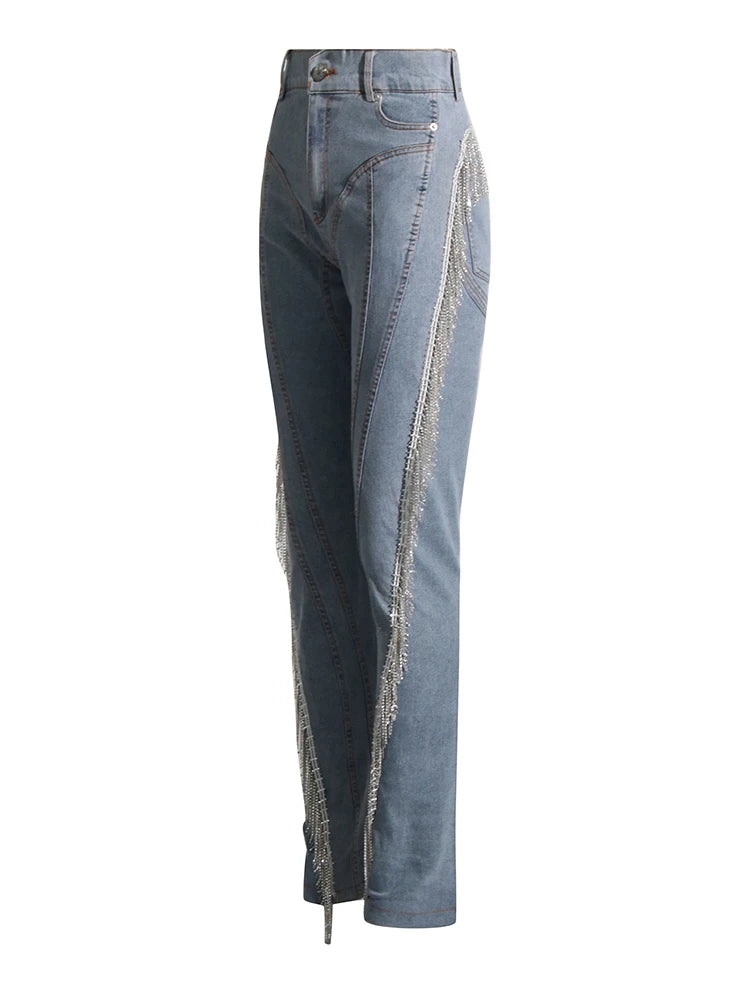 Spliced Tassel Slimming Chic Denim Pants For Women High Waist Patchwork Pockets Casual Skinny Jeans Female Fashion