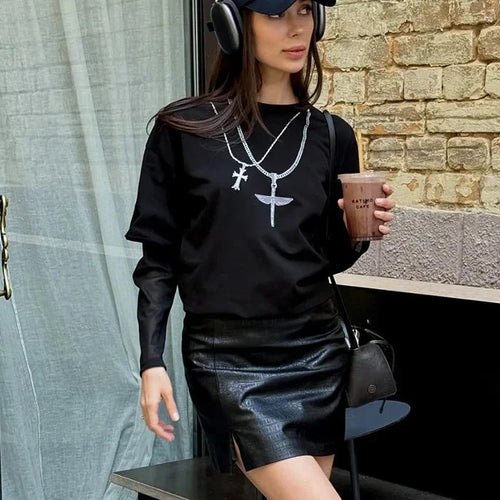 Load image into Gallery viewer, Necklace Printed Graphic T Shirts Black White Fake Two-piece Mesh Long Sleeve Tops Fall Clothes 2024 Women P85-CZ26
