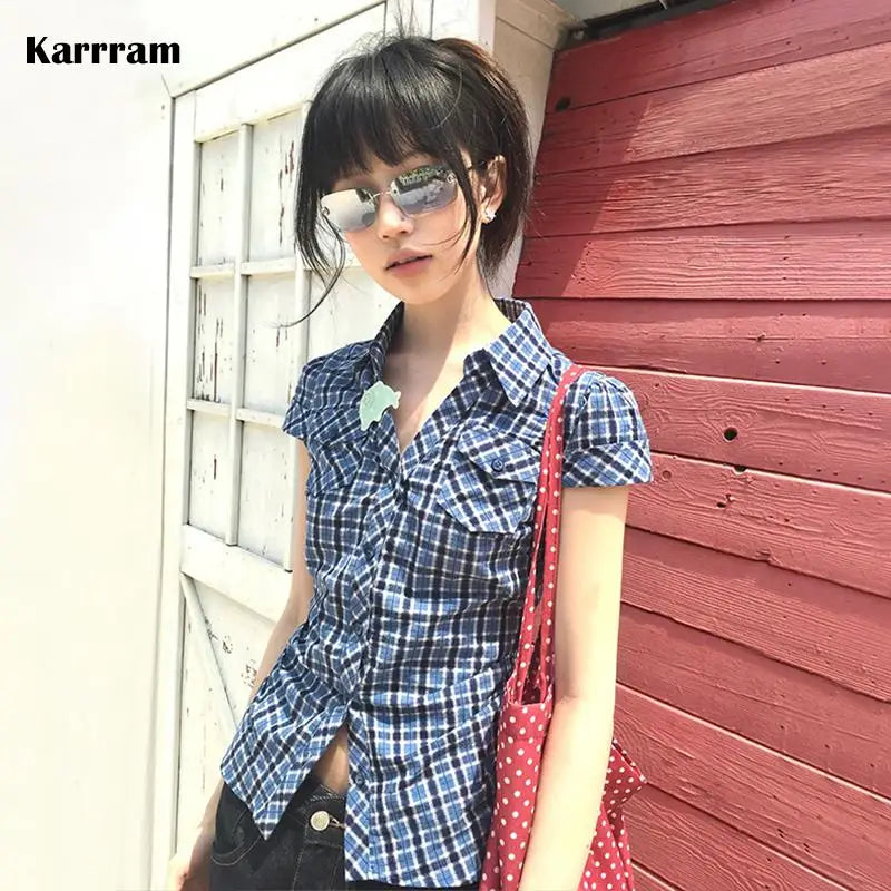 Japanese Y2k Plaid Shirt Vintage Harajuku V-neck Blouses Korean Fashion Women Short Sleeve Shirts 2000s American Retro