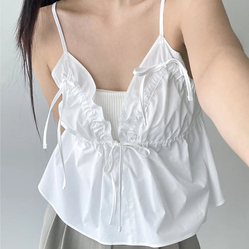 Load image into Gallery viewer, Korean Fashion Folds Strap Summer Crop Top Female Backless Hotsweet Ruched Lace-Up Camisole Holidays Kawaii Mini New
