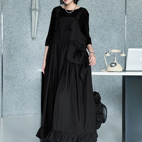Load image into Gallery viewer, Women Black Ruffles Pocket Big Size Midi Strap Dress New Square Collar Sleeveless Fashion Tide Spring Autumn 2025 1DJ1158
