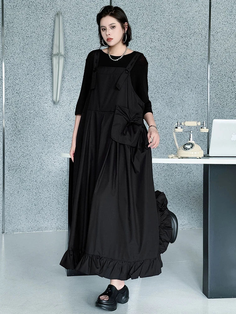Women Black Ruffles Pocket Big Size Midi Strap Dress New Square Collar Sleeveless Fashion Tide Spring Autumn 2025 1DJ1158