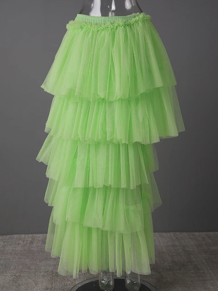 High Elastic Waist Green Mesh Layers Irregular Cake Half-body Skirt Women Fashion Tide New Spring Autumn 2025 CPG3074