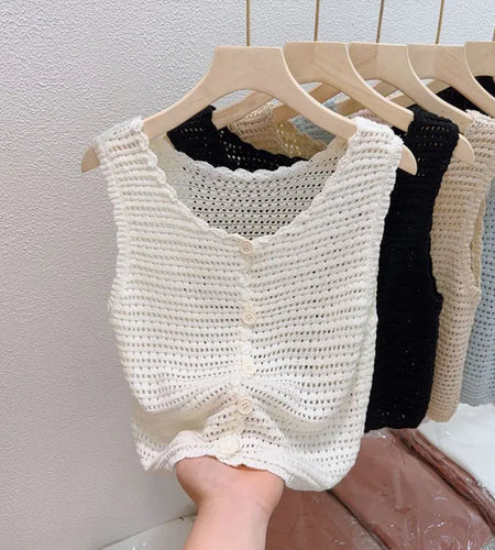 Women Loose Sweater Vest Hollow Out Knitted Patchwork Sleeveless Pullovers Female Summer Casual Crop Top Y2k