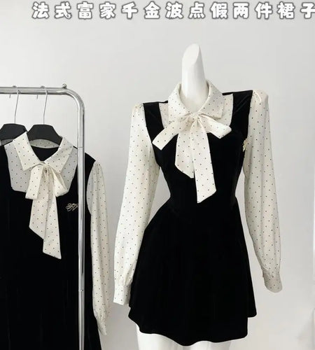 Autumn Vintage Black Dot Velvet Patchwork Elegant Long Sleeve Bow Mini Dress French Women Birthday Party Short Dress Fashion New