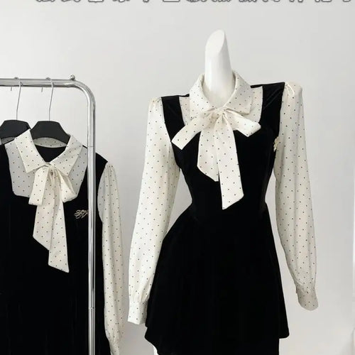 Load image into Gallery viewer, Autumn Vintage Black Dot Velvet Patchwork Elegant Long Sleeve Bow Mini Dress French Women Birthday Party Short Dress Fashion New
