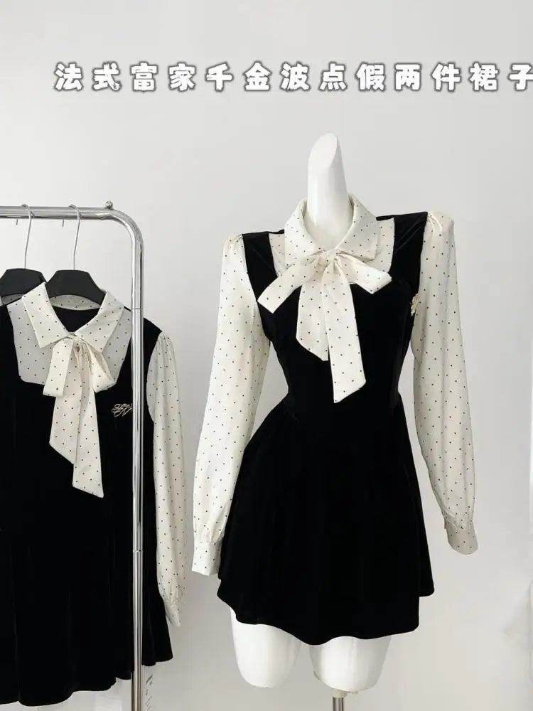 Autumn Vintage Black Dot Velvet Patchwork Elegant Long Sleeve Bow Mini Dress French Women Birthday Party Short Dress Fashion New