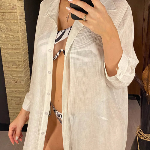 Load image into Gallery viewer, Summer White Shirt Long Sleeve Top Cotton Tunic Beach Cover Up Cover-ups Beach Dress Beach Wear Beachwear Female Women V4249
