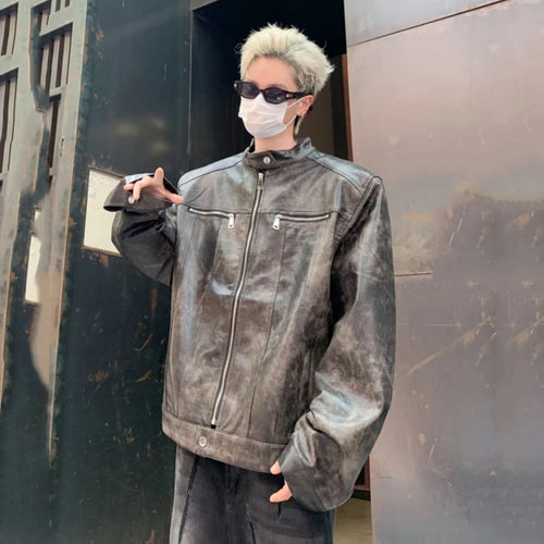 Load image into Gallery viewer, PU Leather Jackets New Fashion Tide Round Collar Male Zipper Make Old Reteo Male Jacket 2025 Spring Trend Men 9C9258
