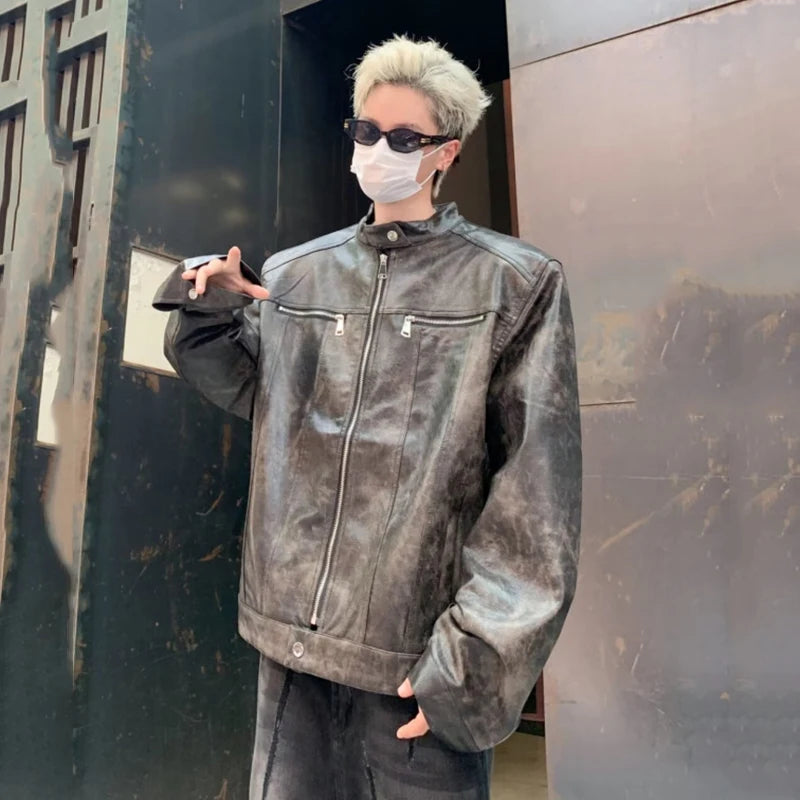 PU Leather Jackets New Fashion Tide Round Collar Male Zipper Make Old Reteo Male Jacket 2025 Spring Trend Men 9C9258