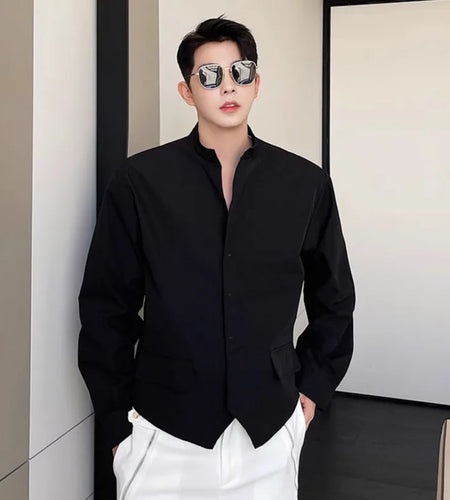Men's Long Sleeved Shirts New Korean Fashion Solid Color Trend Double Pointed Hem Stand Collar Male Clothing Spring 9W1403