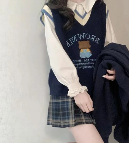 Cartoon Embroidery Sweater Vest Women Kawaii Waistcoat Streetwear Knitted Fashion College All-match Harajuku Y2k Vests Chandails