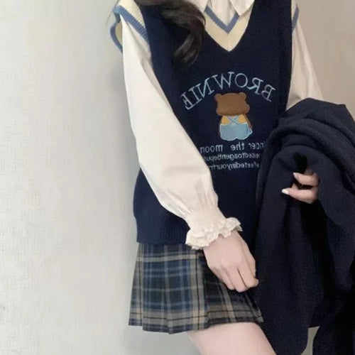 Load image into Gallery viewer, Cartoon Embroidery Sweater Vest Women Kawaii Waistcoat Streetwear Knitted Fashion College All-match Harajuku Y2k Vests Chandails
