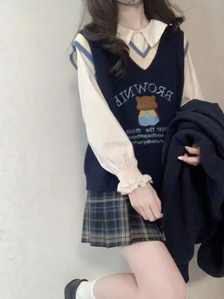 Cartoon Embroidery Sweater Vest Women Kawaii Waistcoat Streetwear Knitted Fashion College All-match Harajuku Y2k Vests Chandails