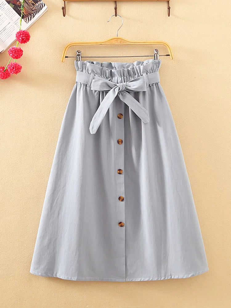 Summer Autumn Skirts Womens 2024 Midi Knee Length Korean Elegant Button High Waist Skirt Female Pleated School Skirt