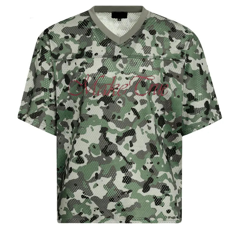 Men Vintage Mesh Jersey T-Shirt Y2K Graphic Printed Camouflage Tshirt Streetwear Hip Hop Punk Gothic V-Neck Breathable Top Tee