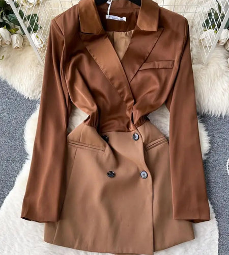 2023 Spring Autumn Black Elegant Office Lady Suit Dress Women Brown Double Breasted Irregular Waist Blazer Pleated Short Dresses