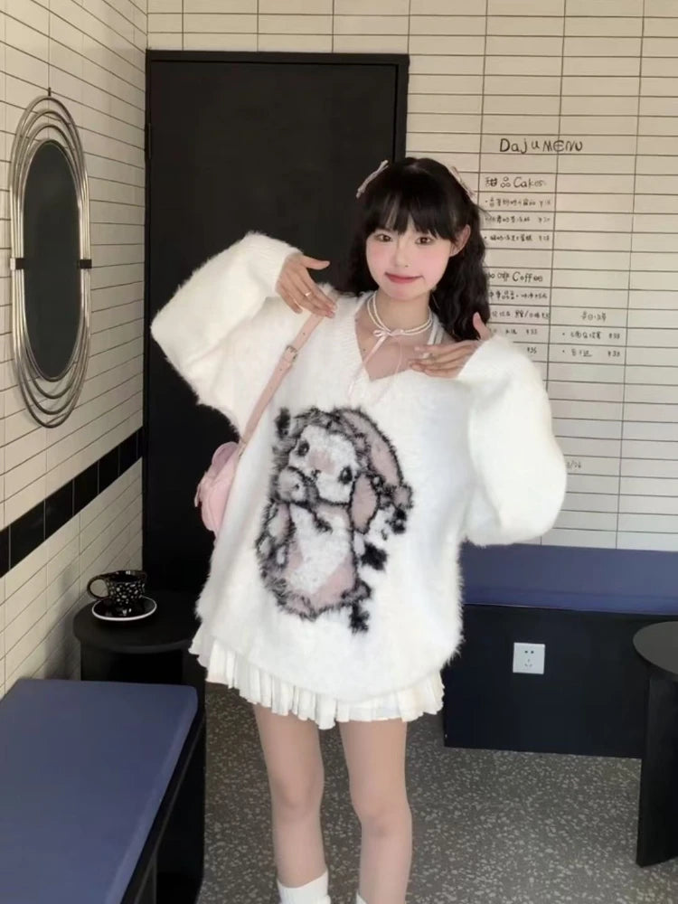 2025 Preppy Style Grunge Sweater Harajuku  Oversize Fur Autumn Grunge Pullover Cartoon Jacquard Kawaii Cute Loose Women Jumpers