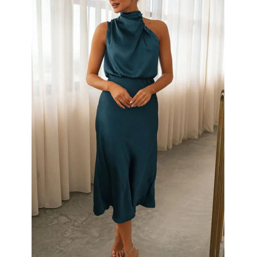 Load image into Gallery viewer, Elegant Sleeveless Satin Bodycon Dress Women 2024 Summer Irregular Hanging Neck Evening Dress Mid Dress Party Clubwear
