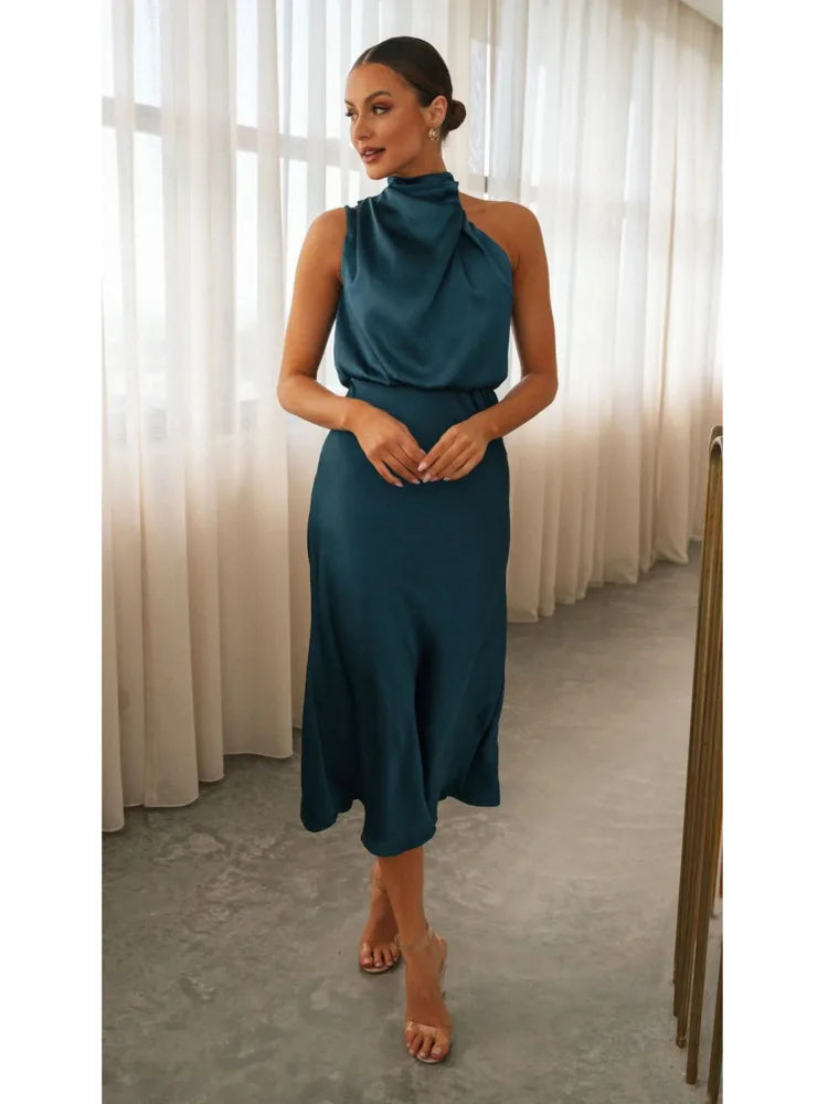 Elegant Sleeveless Satin Bodycon Dress Women 2024 Summer Irregular Hanging Neck Evening Dress Mid Dress Party Clubwear