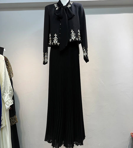 Two Piece Set For Women O Neck Long Sleeve Spliced Diamonds Coat Lace Up Sleeveless High Waist Dress Sets Female