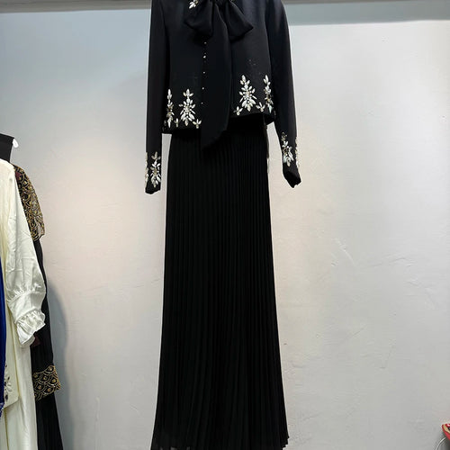 Load image into Gallery viewer, Two Piece Set For Women O Neck Long Sleeve Spliced Diamonds Coat Lace Up Sleeveless High Waist Dress Sets Female
