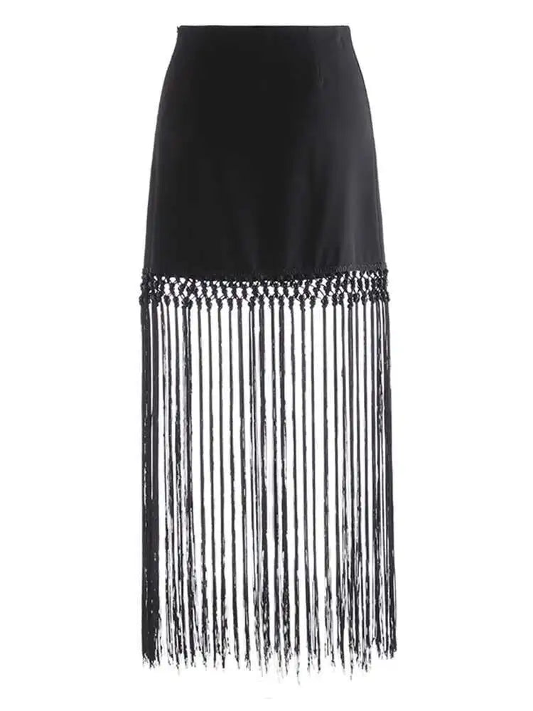 High Waist Black White Nailed Tassels Elegant A-line Half-body Skirt Women Fashion Tide New Spring Autumn 2025 1DH9909