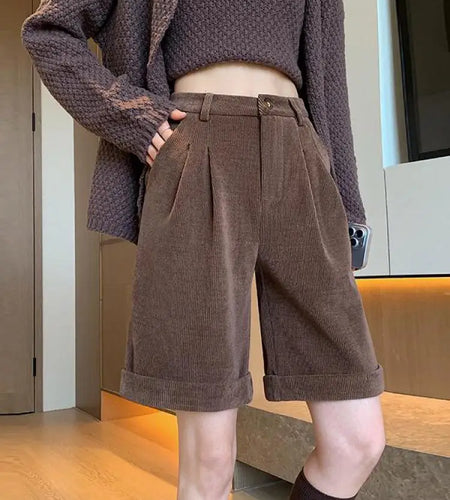 2023 New Corduroy Women's Black Shorts Autumn Winter Brown High Waist Wide Leg Shorts Vintage Female Versatile Short Pant Simple
