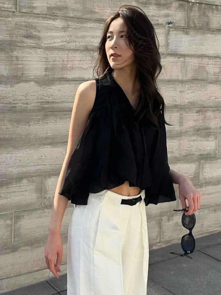 Solid Loose Shirts For Women Lapel Sleeveless Folds Summer Casual Temperament Blouse Female Fashion Clothing