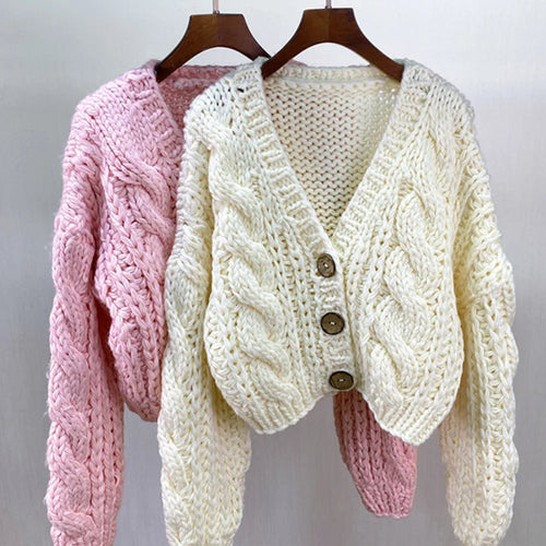 Load image into Gallery viewer, Handmade Chunky Knit Tops Women Fashion Cropped Knitted Cardigan Sweater Vintage Long Sleeve Female Outwear Chic C-159
