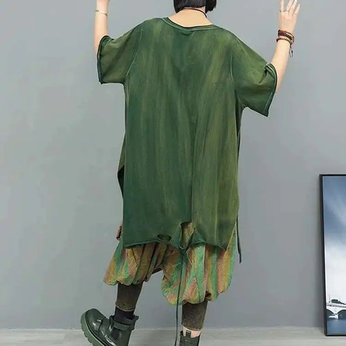 Load image into Gallery viewer, Women Orange Red Holes Big Size Casual Long T-shirt New Round Neck Half Sleeve Fashion Tide Spring Autumn 2025 1DJ0279
