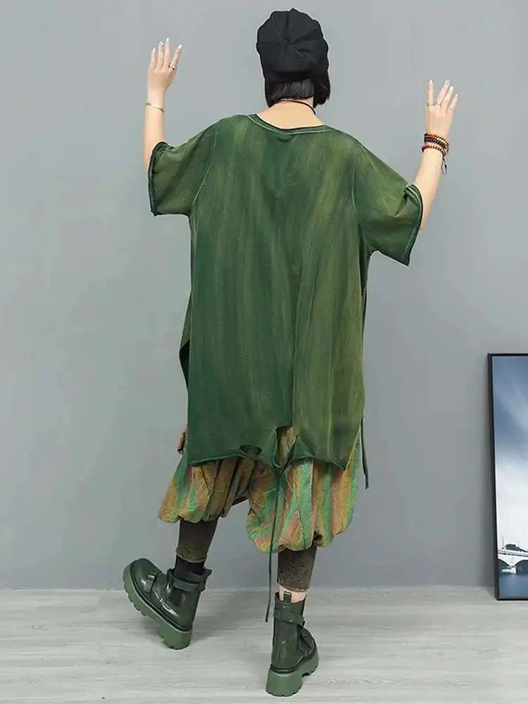 Women Orange Red Holes Big Size Casual Long T-shirt New Round Neck Half Sleeve Fashion Tide Spring Autumn 2025 1DJ0279