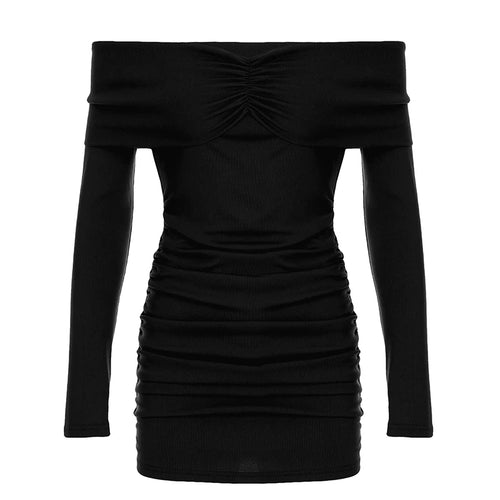 Load image into Gallery viewer, Elegant Black Off Shoulder Autumn Dress For Women Folds Long Slevee Party Slim-Fit Mini Dress Korean Fashion Bodycon
