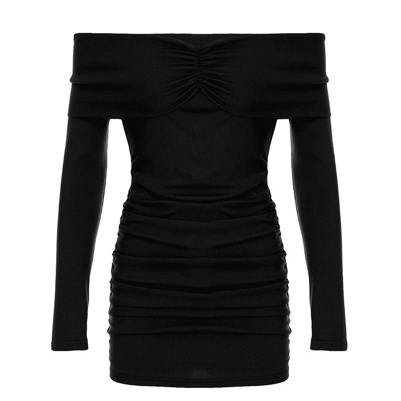 Elegant Black Off Shoulder Autumn Dress For Women Folds Long Slevee Party Slim-Fit Mini Dress Korean Fashion Bodycon