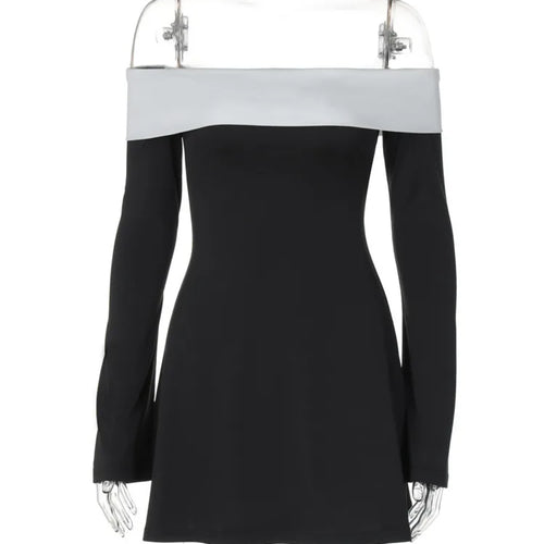 Load image into Gallery viewer, Off-shoulder Long Sleeve Mini Dress For Women Autumn Winter New Patchwork Strapless Backless A-line Sexy Dress Elegant
