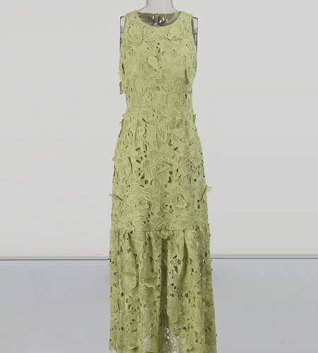 Slimming Hollow Out Spliced 3D Flower Elegant Dresses for Women Round Neck Sleeveless Tunic Long Dress Female New