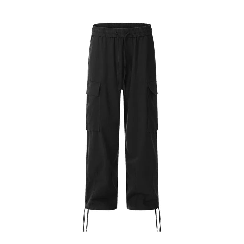 Solid Color Multi Pocket Men's Pants Casual Straight Drawstring Trendy Elastic Waist Wide Leg Simple Male Trousers 9W101