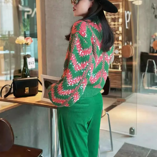 Load image into Gallery viewer, Women Vintage Green Sequins Short Pullover Sweater Fashion Spring Casual Elegant Chic Long Sleeve O Neck Club Party Top C-245

