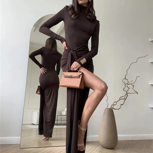 Load image into Gallery viewer, Turtleneck Thigh High Split Sexy Maxi Dress For Women Fashion Long Sleeve Draped Bandage Bodycon Club Long Dress
