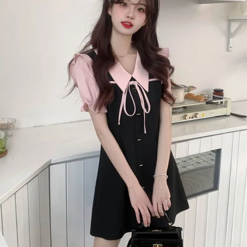 Load image into Gallery viewer, Y2k Kawaii Preppy Style School Black Dress Hotsweet Girls Puff Sleeve Mini Short Dresses
