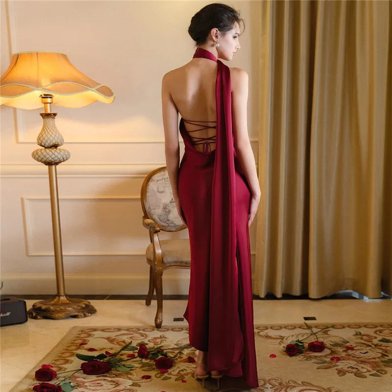 Scarf Collar Backless Sexy Maxi Dress For Women Gown Fashion Strapless Sleeveless High Waist Bodycon Club Long Dress