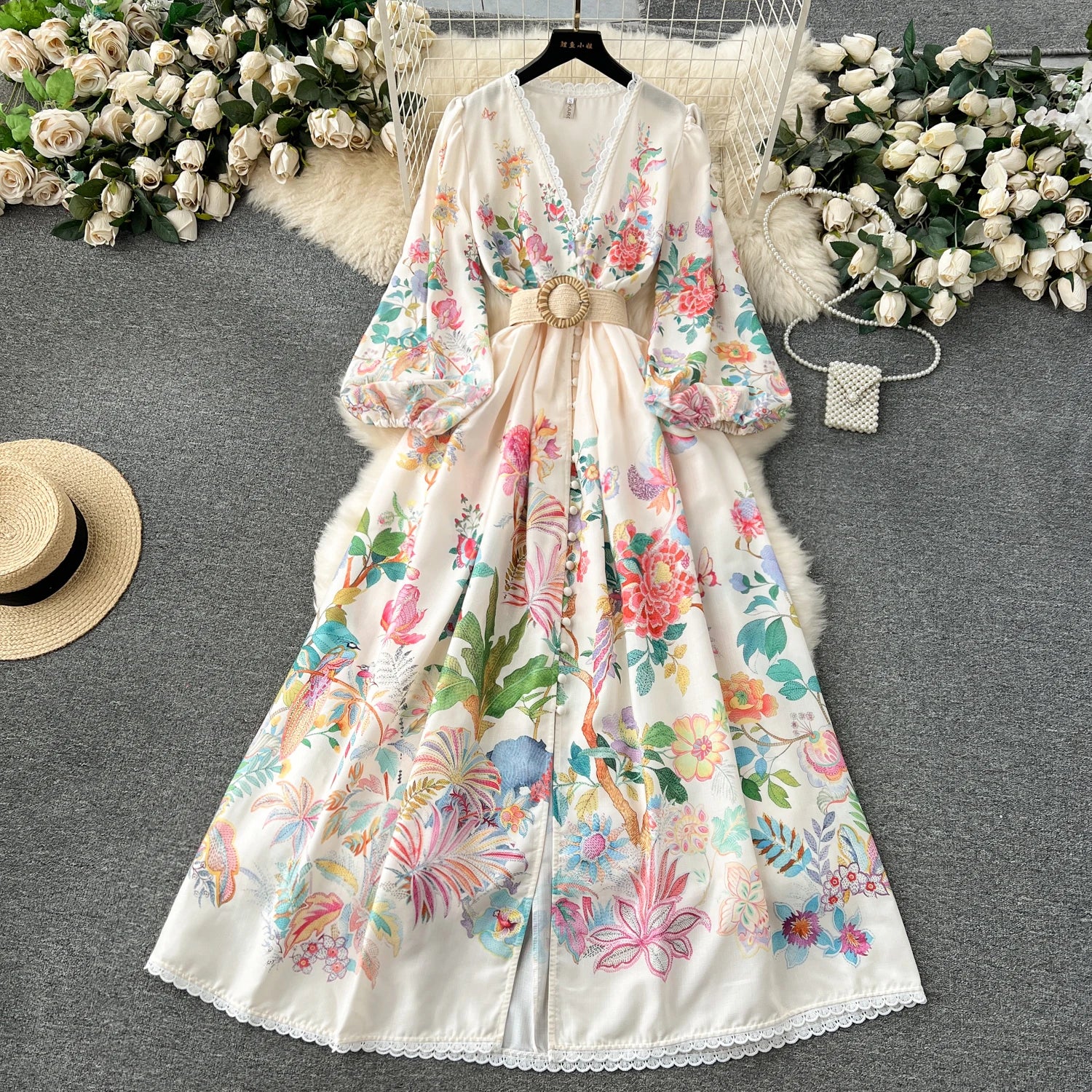 French Vintage Women Autumn Sweet Beige Flower Lace Elegant Long Sleeve Princess Dresses Ladies Party V-neck Evening Dress Boho