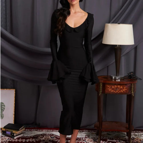 Load image into Gallery viewer, Sexy Round Neck Bodcon Elastic Tight Dress Female Leader Slim Fit Long Sleeve Maxi Vestidos Elegant Party Evening Dress
