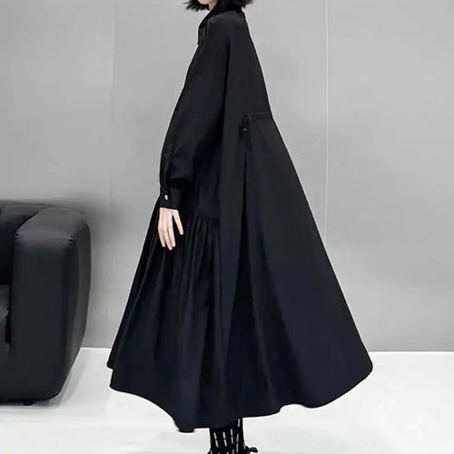 Load image into Gallery viewer, Women Black Big Size Elegant Shirt Dress Brief Pleated Hem New Lapel Long Sleeve Fashion Tide Spring Autumn 2025 1DH9327
