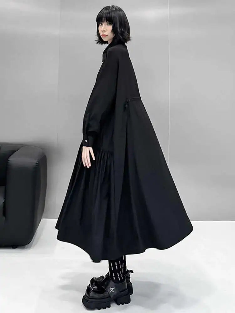 Women Black Big Size Elegant Shirt Dress Brief Pleated Hem New Lapel Long Sleeve Fashion Tide Spring Autumn 2025 1DH9327